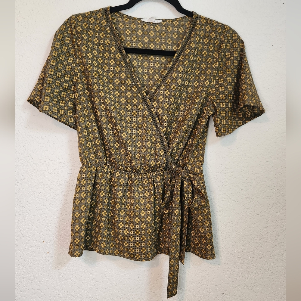 Mine Floral Wrap Short Sleeve Blouse with Tie and Elasticated Waist, Size S